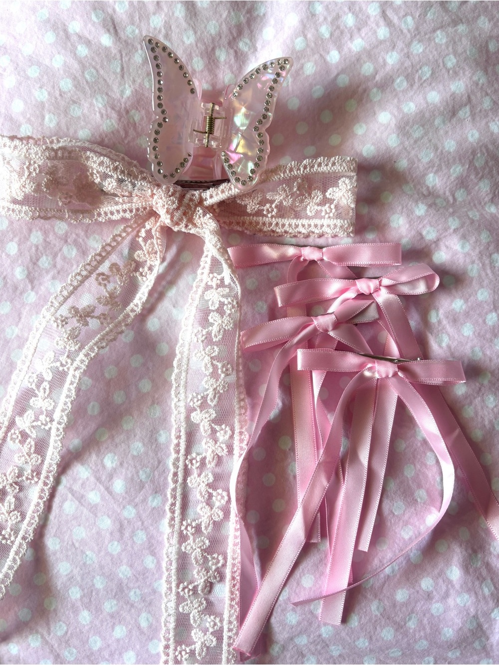 Pink Bow Coquette Hair Ribbon & Butterfly Sparkle Clip Accessories Set